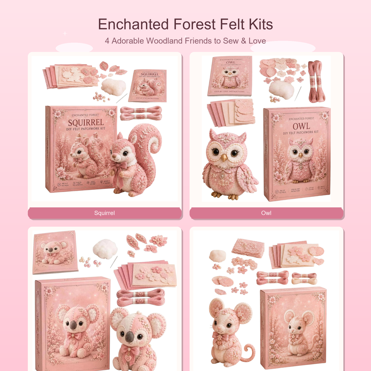Pink Woodland Friends DIY Felt Patchwork Kit — Squirrel, Owl, Mouse & Koala